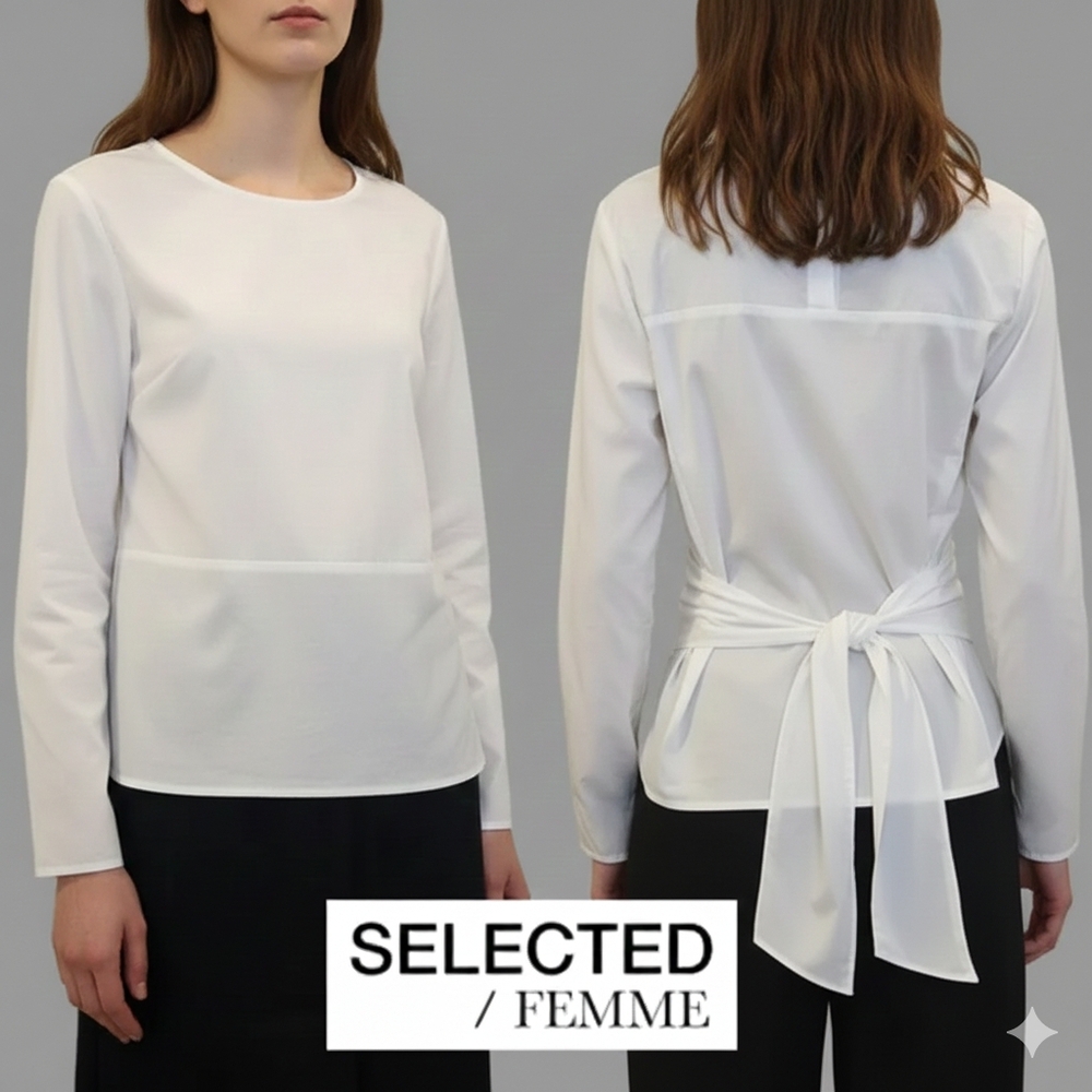🟣 Sz S Selected Femme White Long Sleeve Blouse with Tie Back